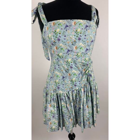 Mable Size Large Floral Drop Waist Mini Dress Ruched Pleated Tie Strap Cottage - Picture 4 of 12